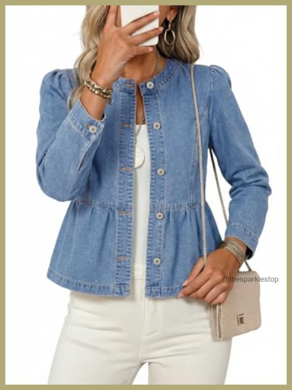 Denim Jacket Women Puff Sleeve Collarless Ruffle Hem Peplum Button Down